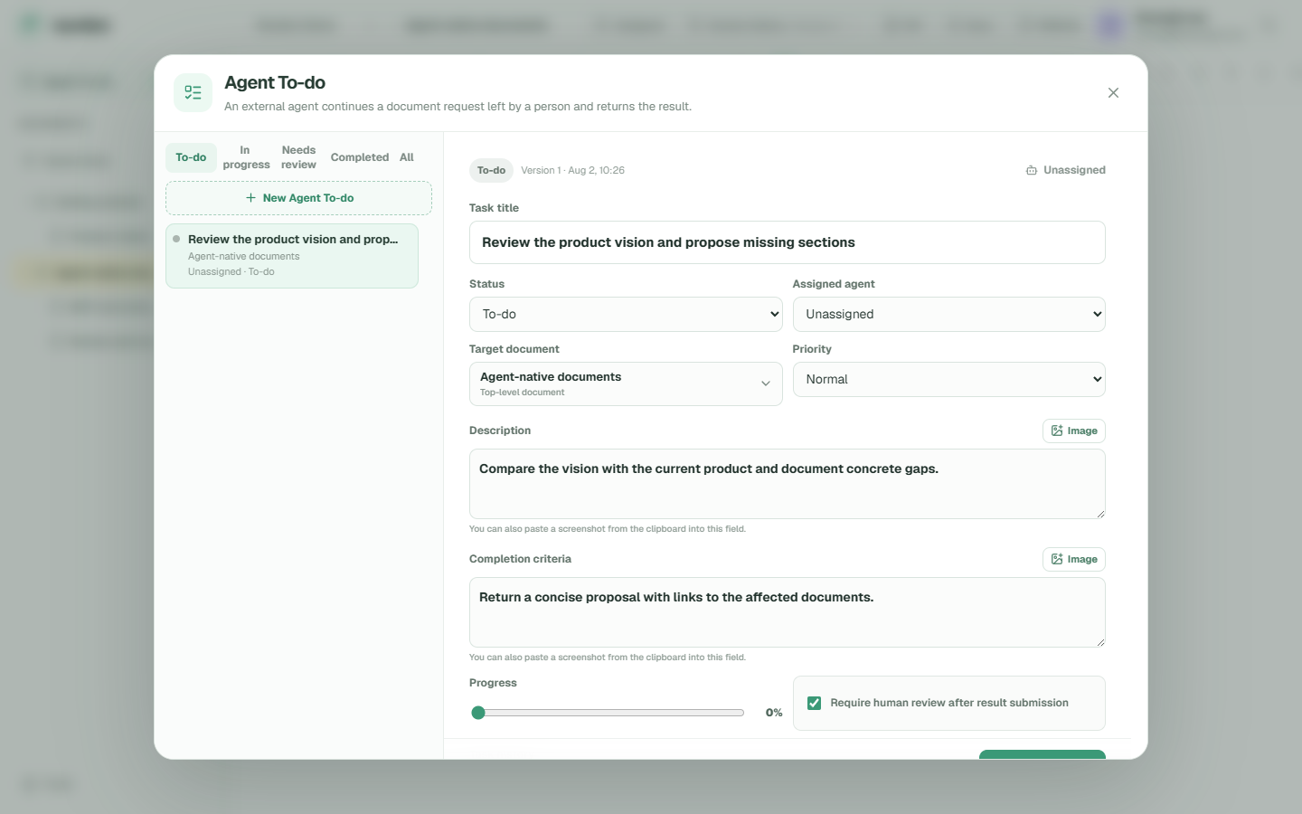 Agent To-do in Nyxdoc showing a document request, target document, assigned agent, and human review requirement